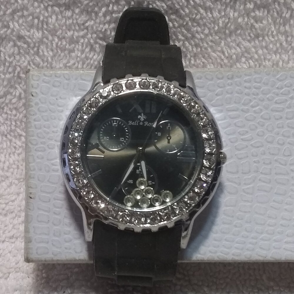 Bell & Rose Floating Crystals Silver Black Quartz Watch New Battery Works Great